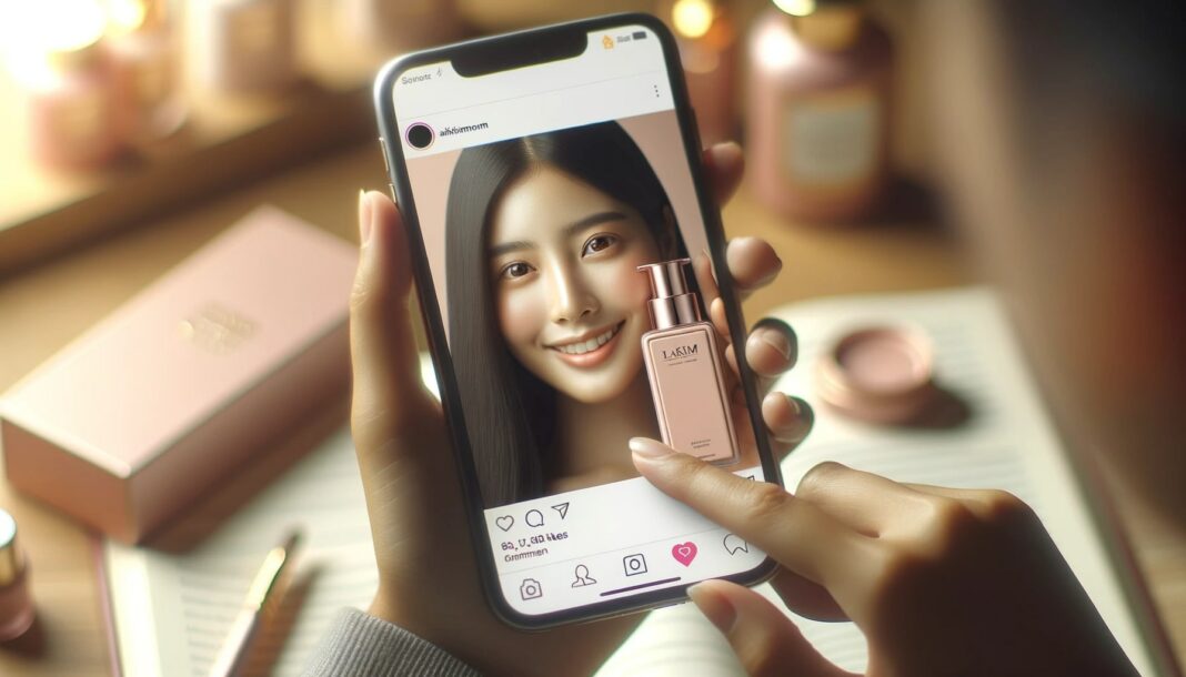 A person's hand scrolling through a smartphone, showcasing a beautifully packaged beauty product on an Instagram feed. The screen reflects the happy and intrigued face of a young South Asian woman. The background is subtly blurred with icons indicating likes, shares, and comments, emphasizing the product's popularity.
