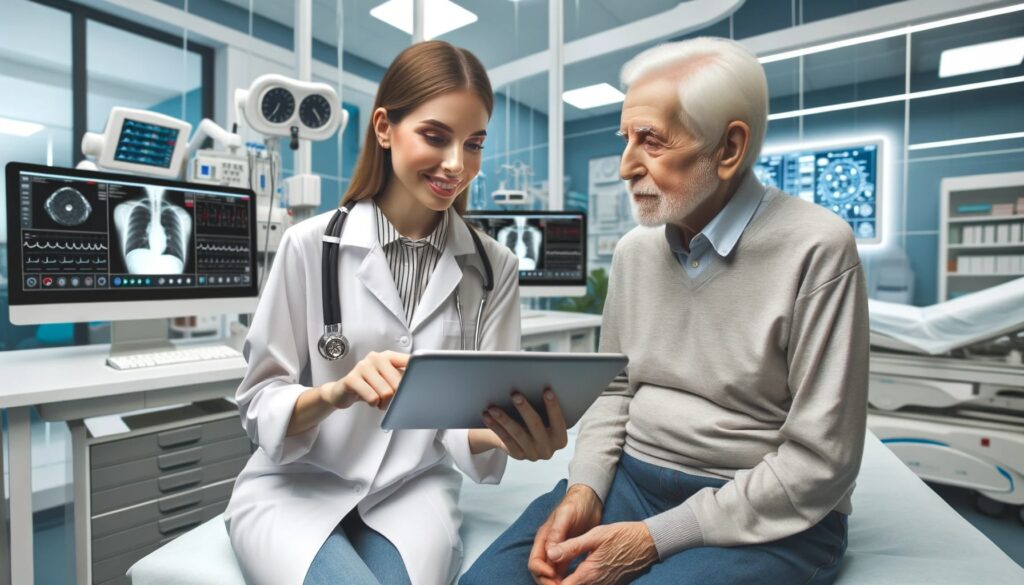 Render of a futuristic medical facility where AI and machine learning technologies are prominently featured. On one side, a large screen displays real-time patient data analytics, and on the other side, doctors and nurses use augmented reality glasses to assist in diagnoses.