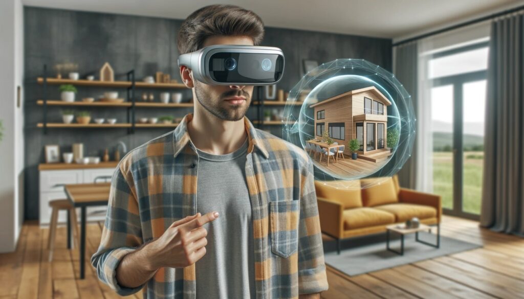 A potential home buyer using augmented reality glasses to virtually tour a property. The individual is standing in a living room, and through the AR glasses, they see virtual furniture and design elements overlaying the real space.
