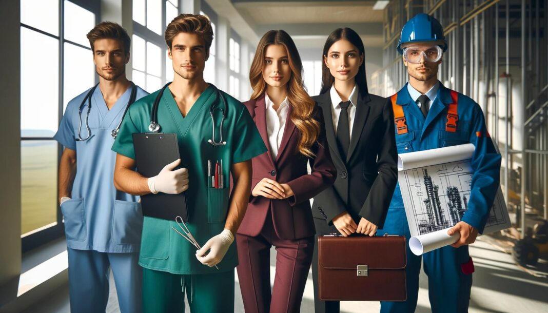 Five individuals representing different professions: two medical professionals in scrubs, a woman in a business suit, another in formal office attire, and a man in construction gear with a hard hat and blueprint.
