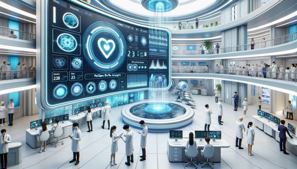 Render of a futuristic medical facility where AI and machine learning technologies are prominently featured. On one side, a large screen displays real-time patient data analytics, and on the other side, doctors and nurses use augmented reality glasses to assist in diagnoses.