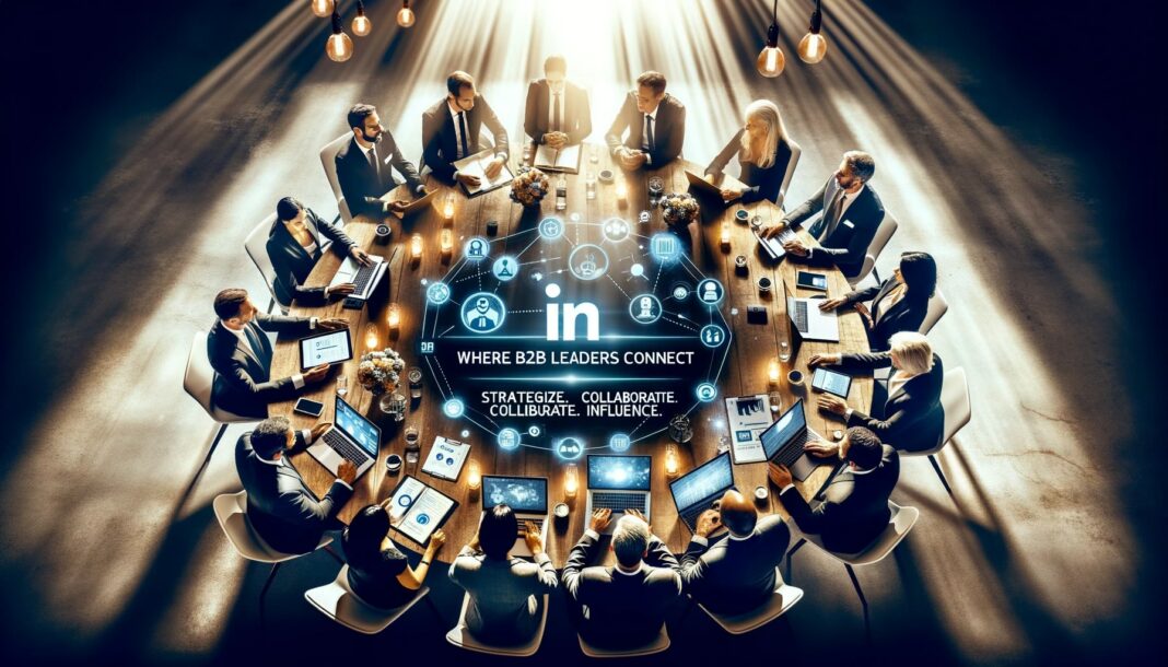 Photo of a round table discussion among various professionals with laptops and tablets open to LinkedIn pages, a spotlight shining on the central table. Overlay text: 'Where B2B Leaders Connect'. Bottom section: 'Strategize. Collaborate. Influence.'