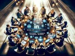Photo of a round table discussion among various professionals with laptops and tablets open to LinkedIn pages, a spotlight shining on the central table. Overlay text: 'Where B2B Leaders Connect'. Bottom section: 'Strategize. Collaborate. Influence.'