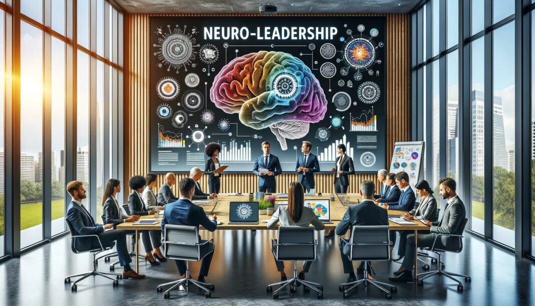 An image depicting a spacious corporate meeting room with a projector screen illustrating a brain diagram and the title 'Neuroleadership'. A diverse group of business professionals is actively participating in a workshop, and the table is adorned with notebooks, tablets, and infographics related to neuroscience in leadership.