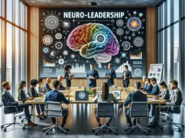 An image depicting a spacious corporate meeting room with a projector screen illustrating a brain diagram and the title 'Neuroleadership'. A diverse group of business professionals is actively participating in a workshop, and the table is adorned with notebooks, tablets, and infographics related to neuroscience in leadership.
