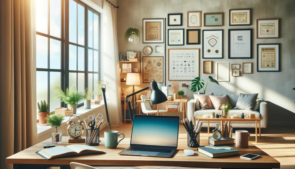 Photo of a spacious home office with large windows allowing natural light to flood in. There's a laptop open on a wooden desk, surrounded by various office supplies, plants, and a cup of coffee. On the walls, there are framed certificates and motivational posters.