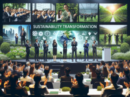 Photo of a multinational company's annual conference, with diverse business leaders on stage presenting their achievements in sustainability transformation. The audience, consisting of employees of various descents, applauds.
