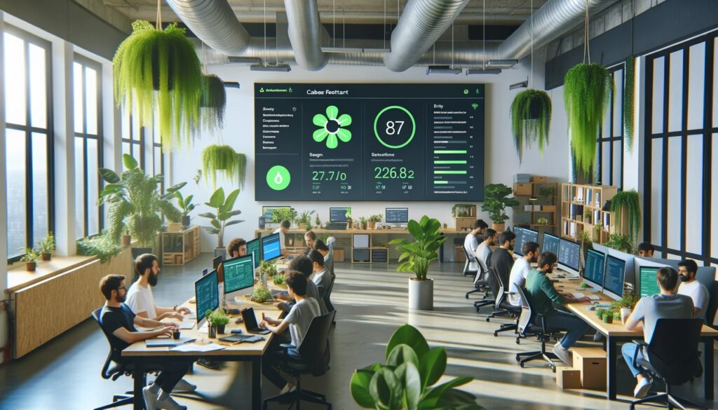 Photo of a tech startup office where a diverse team of developers and engineers are working on software solutions for sustainability challenges. Green plants are scattered throughout the workspace. The central screen displays an app interface focused on carbon footprint tracking.