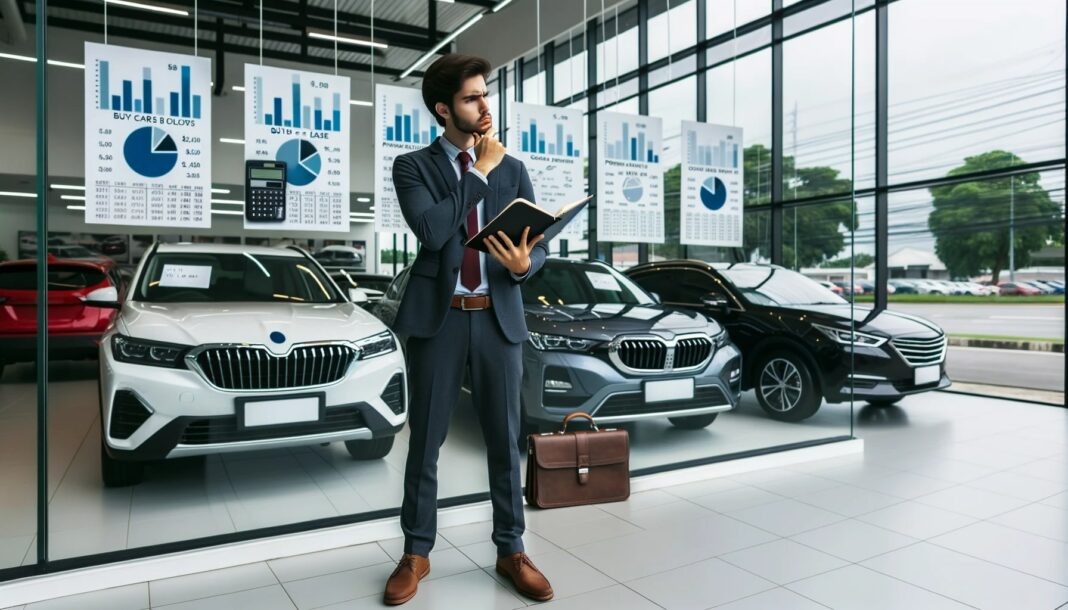 A thoughtful person standing in front of a car dealership, holding a calculator and notebook, pondering the decision to buy or lease a vehicle. Various car models are displayed behind large glass windows with price tags