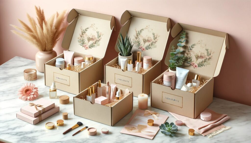 three elegantly designed subscription boxes side by side on a marble countertop. Each box is open, revealing an assortment of beauty products. The boxes have no labels or text, and are surrounded by decorative plants and beauty accessories.
