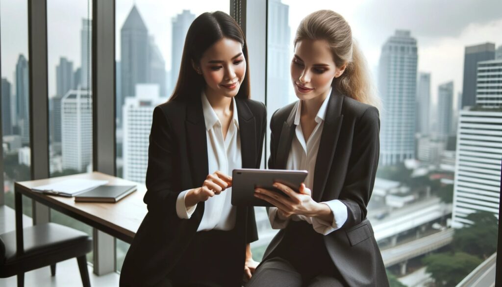Photo of two female managers in a well-lit office discussing a project on a digital tablet, with a cityscape view in the background.