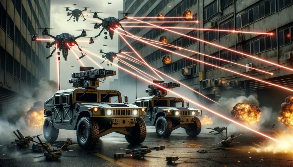 Photo of an urban environment where two military Humvees are stationed. Each Humvee is mounted with a state-of-the-art laser weapon system. The laser beams are emitted from the weapons and are directed towards multiple drones in the sky. 