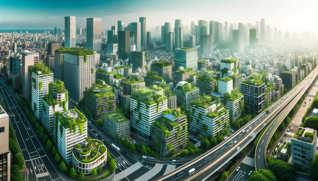 photo of an urban skyline with multiple buildings incorporating green roofs, solar panels, and vertical gardens, representing the concept of urban sustainability.