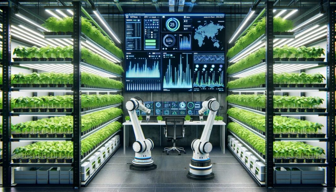 Photo of a state-of-the-art vertical farm with tall shelves of leafy greens. Advanced robotic arms are tending to the plants, and LED lights provide optimal illumination. A control room in the background has large screens displaying real-time data, charts, and AI algorithms at work.