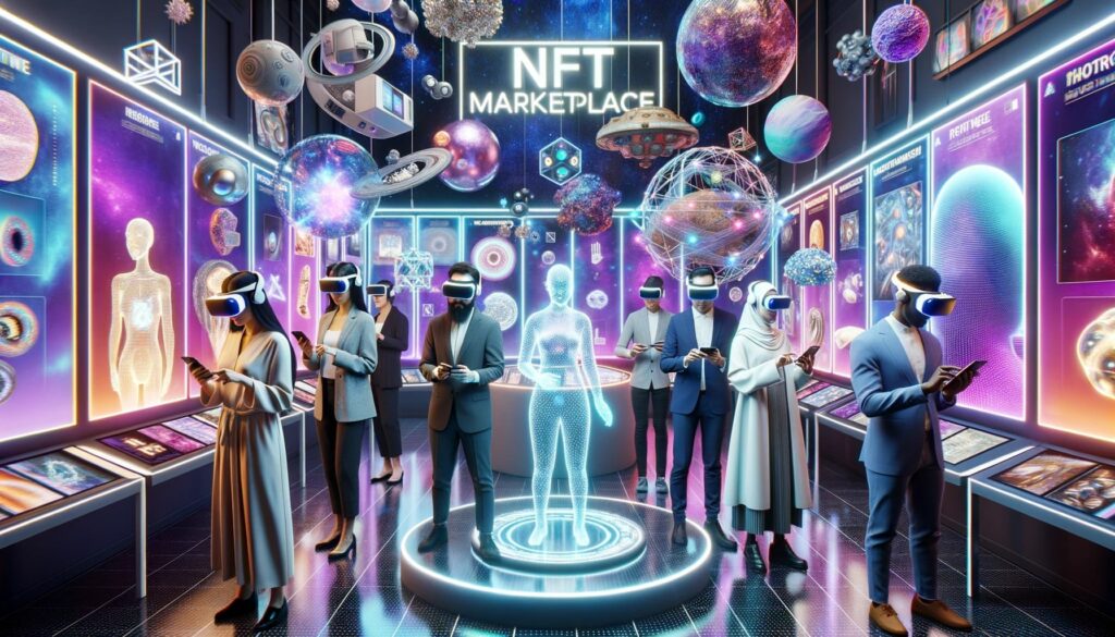 Photo of a virtual art gallery with holographic displays. A diverse group of people, including a Middle Eastern woman and an African American man, are using VR headsets and browsing digital collectibles, represented as shimmering 3D objects. There's a sign at the entrance reading 'NFT Marketplace'. 