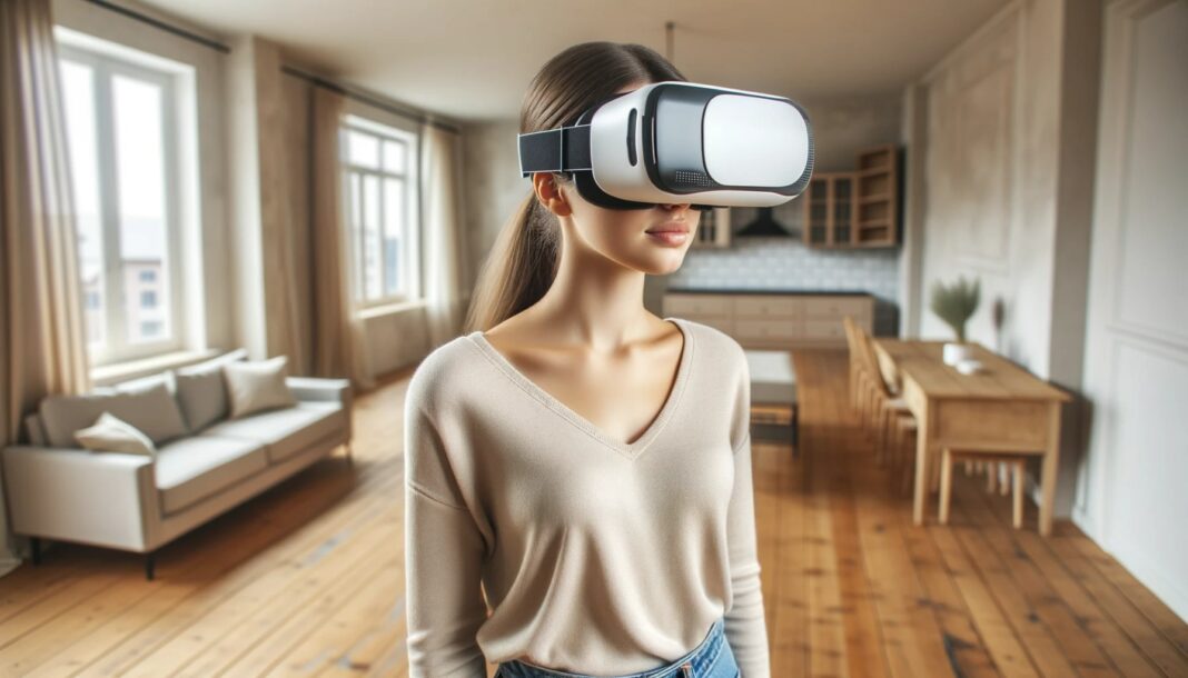 A young woman wearing virtual reality goggles, immersed in a virtual property tour. She's standing in a spacious, unfurnished room, but through the goggles, she's visualizing a fully decorated and furnished space.