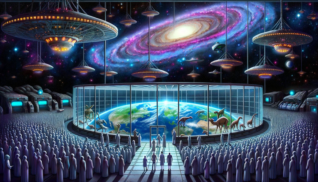 Illustration of the 'Zoo Hypothesis', depicting Earth inside a galactic zoo enclosure with advanced alien civilizations observing from outside, akin to humans watching animals in a zoo.
