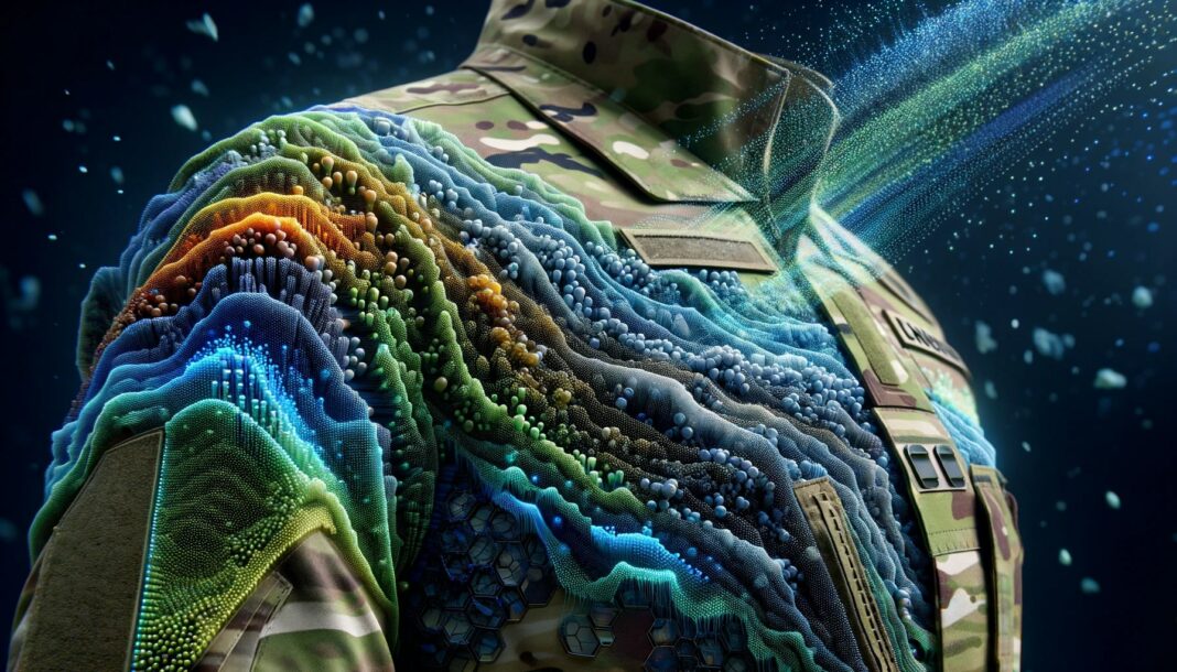 high-tech military uniform fabric with adaptive camouflage technology, displaying an intricate pattern of photonic crystals and electrochromic cells