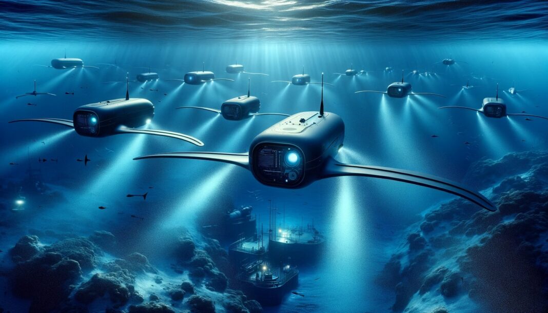 A fleet of advanced underwater drones navigating the depths of the ocean. These autonomous underwater vehicles are sleek and hydrodynamic, designed with stealth in mind.