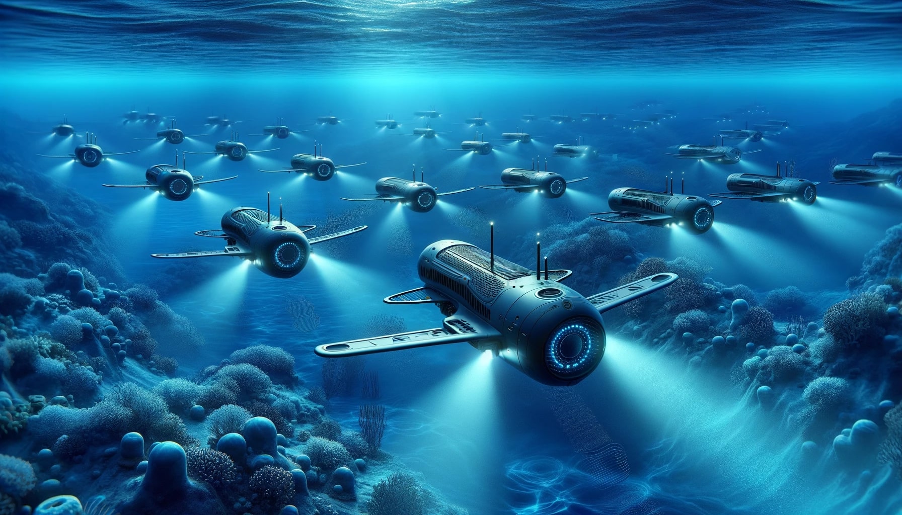 A fleet of advanced underwater drones navigating the depths of the ocean. These autonomous underwater vehicles are sleek and hydrodynamic, designed with stealth in mind.