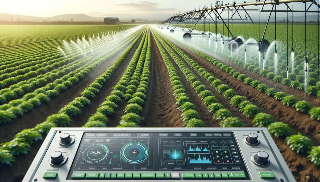 high-tech agricultural field showcasing advanced irrigation technology. The field is filled with rows of healthy crops, each with a precise sprinkler system installed. The irrigation system is actively distributing water in an efficient, uniform pattern, ensuring each plant receives the necessary amount of water.