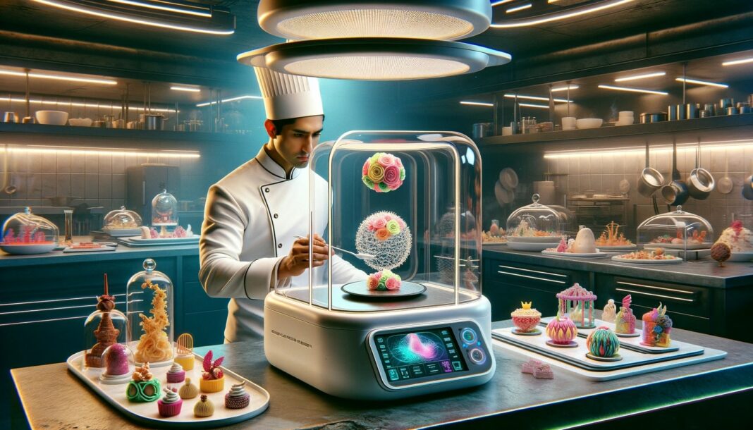 A futuristic kitchen filled with cutting-edge technology and a chef using a 3D food printer to create an intricate, edible sculpture.