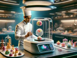 A futuristic kitchen filled with cutting-edge technology and a chef using a 3D food printer to create an intricate, edible sculpture.