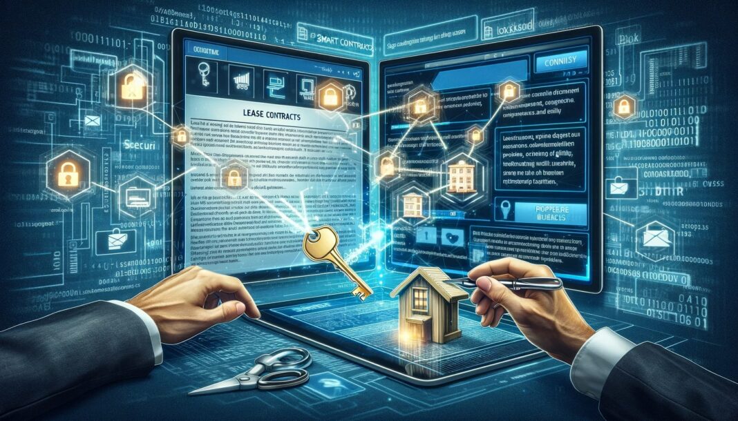 digital documents representing lease agreements transitioning into digital form, with strings of encrypted blockchain code interwoven
