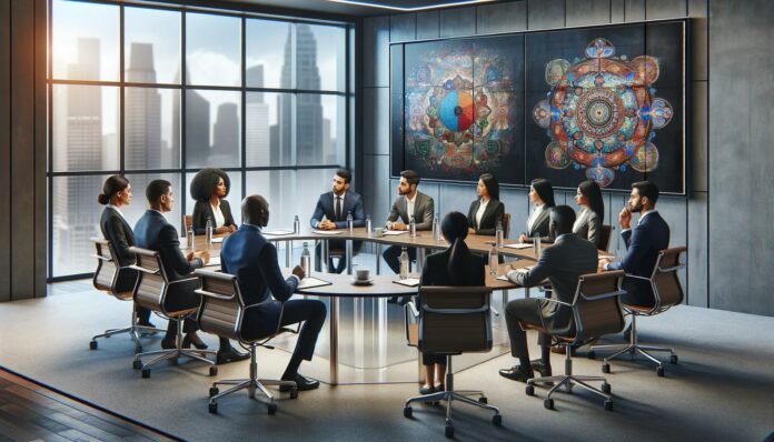 A business seminar focused on cultural intelligence in leadership. The scene takes place in a modern, well-lit conference room with a clear glass board