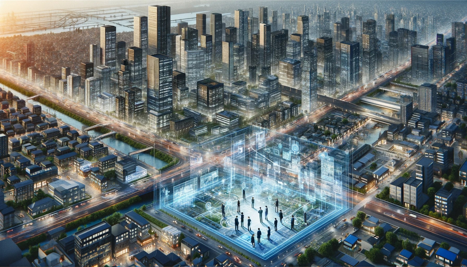 A photorealistic image depicting 'Digital Twins in Urban Planning'. The scene is a bustling modern cityscape, with skyscrapers, roads, and public spaces. Overlaying this cityscape is a semi-transparent digital layer, showing detailed digital models of buildings, transportation networks, and utility systems, symbolizing Building Information Modeling (BIM) in action.