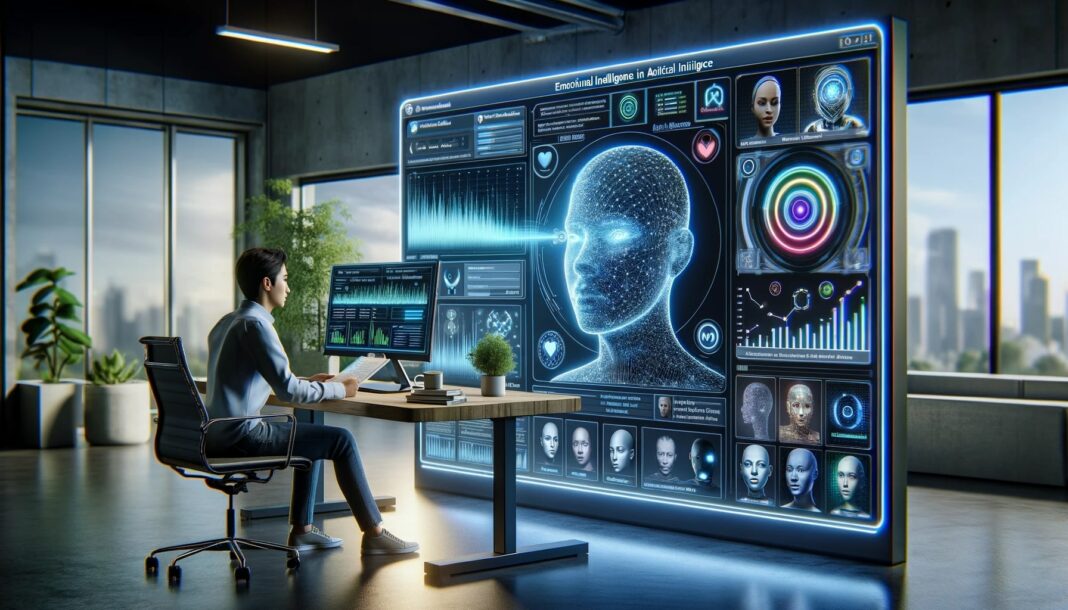 The concept of 'Emotional Intelligence in Artificial Intelligence'. The scene is set in a modern, tech-savvy environment, showing a person interacting with an advanced AI chatbot system.