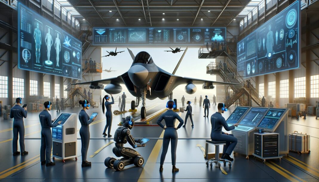 advanced military aircraft hangar with an autonomous fighter jet being serviced by AI-driven robots. The hangar is equipped with high-tech diagnostic screens displaying predictive maintenance data. Technicians, wearing augmented reality headsets, are analyzing the data alongside the robots
