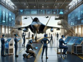 advanced military aircraft hangar with an autonomous fighter jet being serviced by AI-driven robots. The hangar is equipped with high-tech diagnostic screens displaying predictive maintenance data. Technicians, wearing augmented reality headsets, are analyzing the data alongside the robots