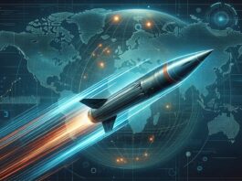 Illustration of a hypersonic missile slicing through the air, with speed lines emphasizing its incredible velocity. The background features a digital world map, highlighting the global significance of this weaponry.