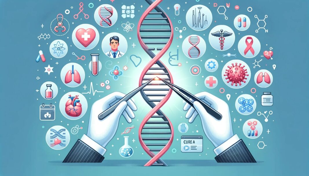 Illustration of a DNA strand being repaired or modified with tweezers, surrounded by medical and biotech icons.