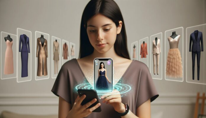 Photo of a young woman standing in her living room, holding her smartphone in front of her. On her phone screen, there's a live AR application showing her wearing a virtual evening dress.