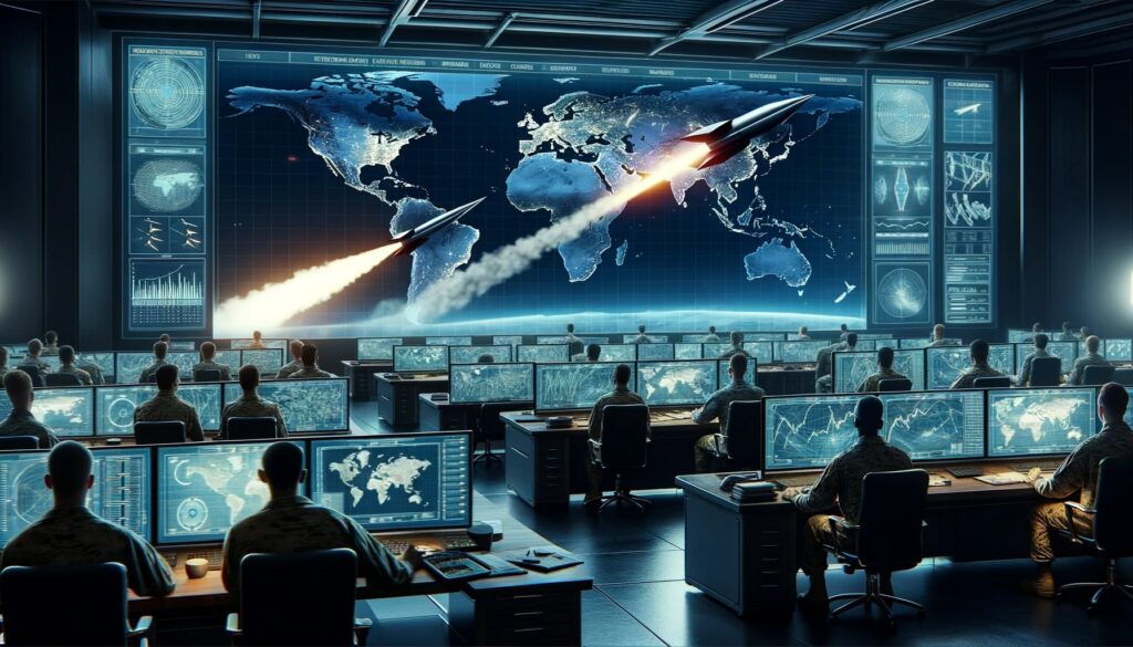 Photo of a military operations room with large screens displaying trajectories of hypersonic missiles, officers monitoring the situation, and a global map in the background showcasing potential missile paths.