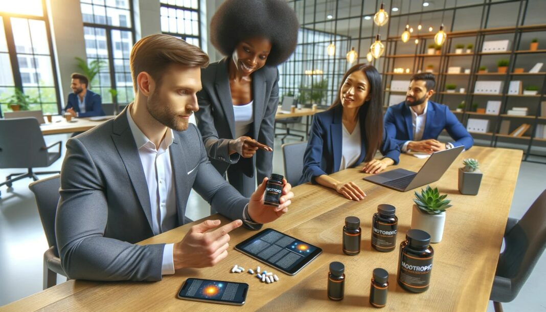 Photo of a modern office setting where a diverse group of employees are gathered around a table with smart devices and nootropic supplements visibly displayed.