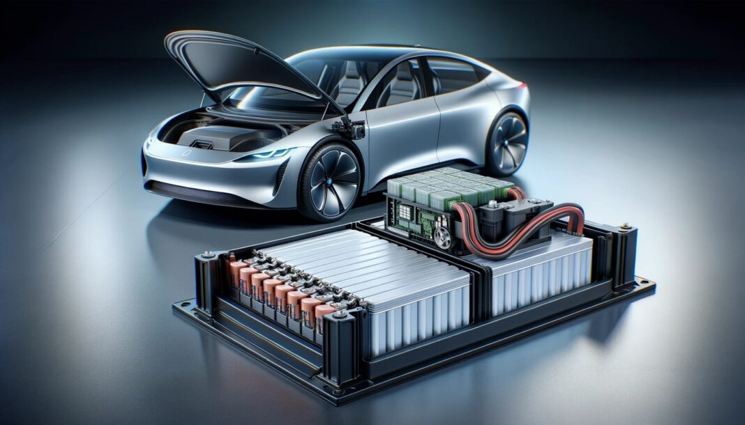 Photo of a modern electric vehicle with its hood open, showcasing a sleek solid-state battery pack. Beside the vehicle, a close-up of the internal structure of the solid-state battery, highlighting its layered components.