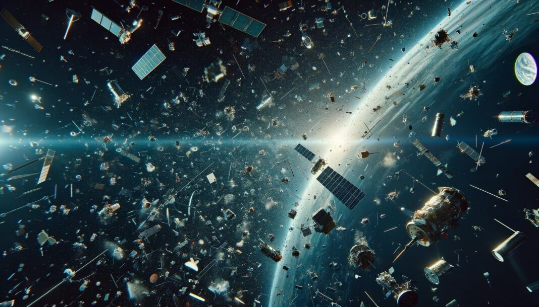 space debris scattered in low earth orbit, capturing a chaotic scene of numerous defunct small satellites, spent orbital stages, and miscellaneous fragments floating around Earth.