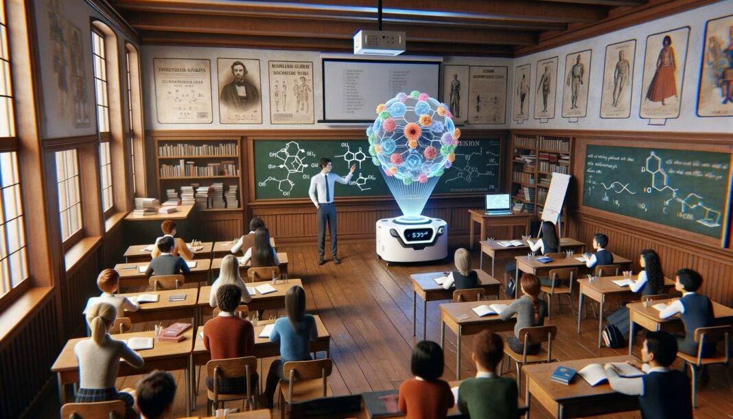 Illustration: traditional classroom setting, but with the addition of advanced 3D hologram technology assisting in education
