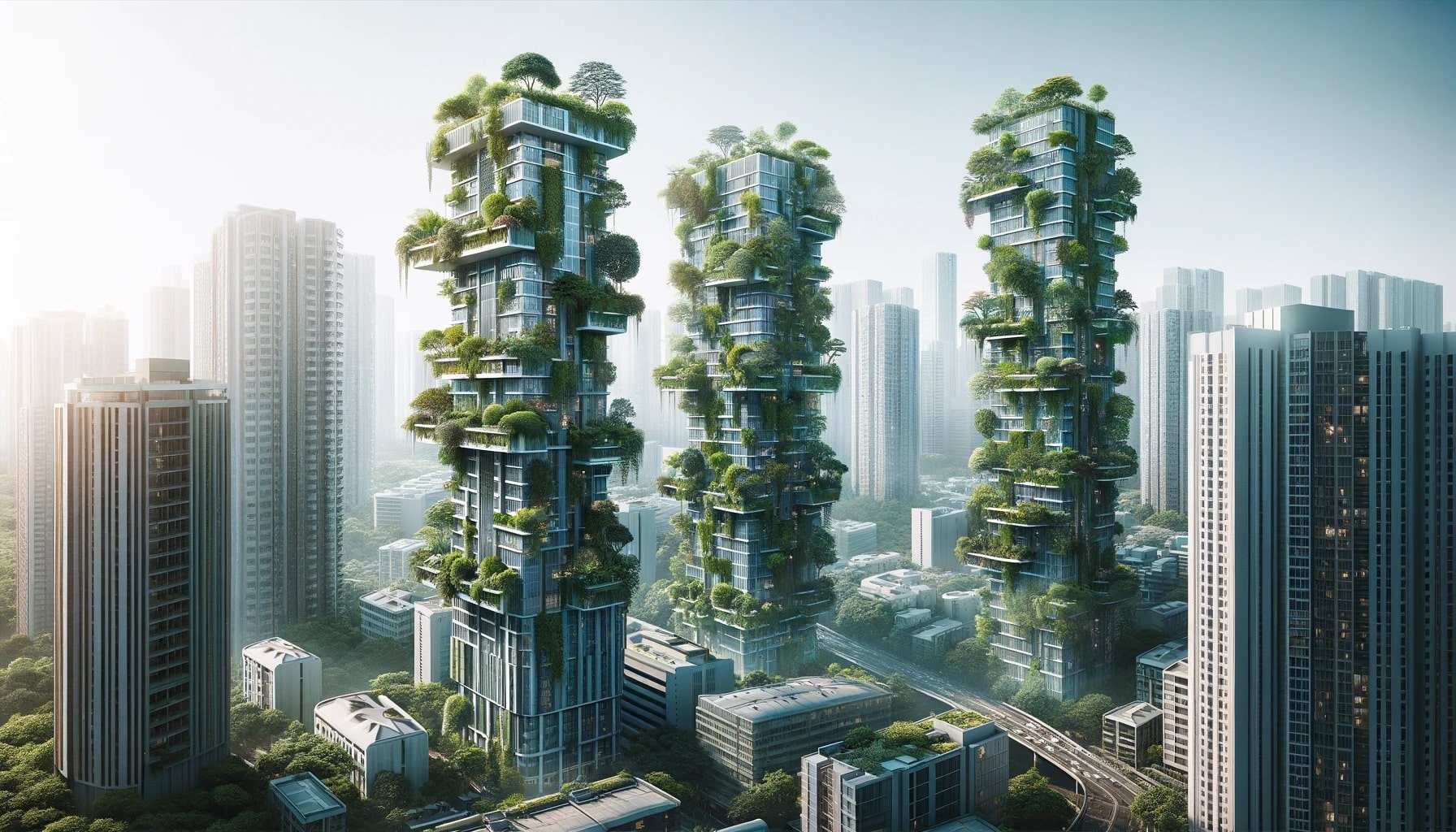 The scene shows a cityscape with skyscrapers, but unlike typical buildings, these are adorned with lush greenery on balconies and facades.