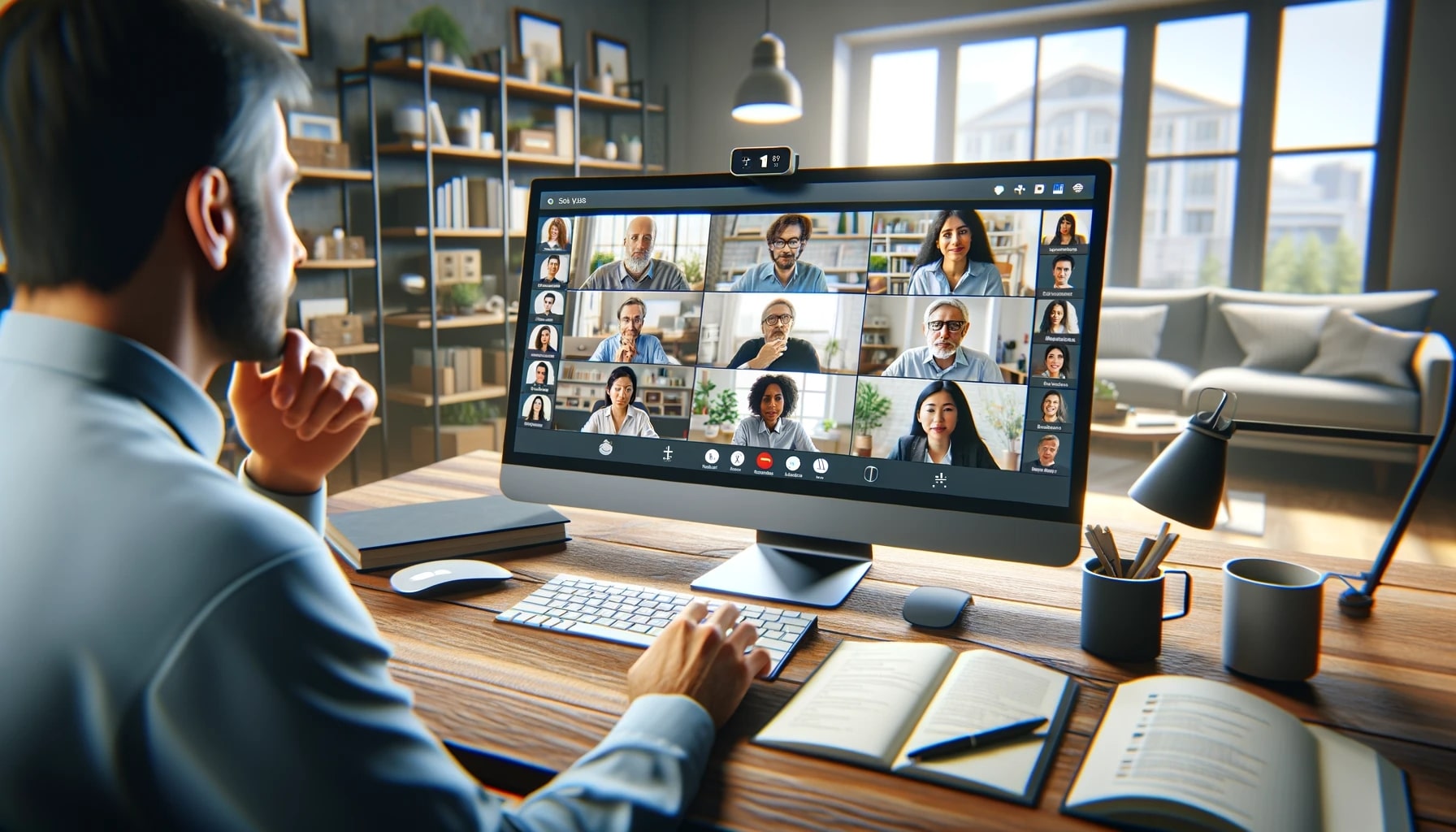 The image depicting a virtual meeting with diverse participants on a video conference call