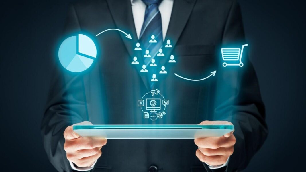 Businessman displaying digital marketing strategy on tablet
