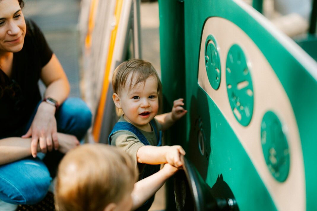 A woman and two babies at a playground